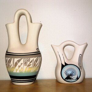 2 Hand Painted Native American Navajo Pottery Wedding Vase Signed Etched Vintage